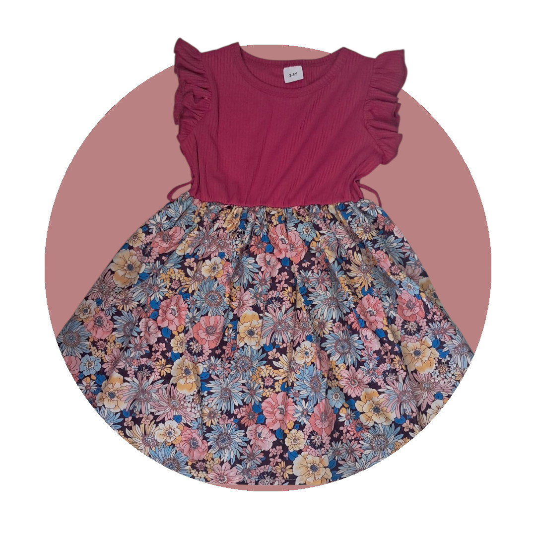 Vestido Floral para ñinas con lazo de cinta Mangas con Volantes Rosa 1 a 3 años