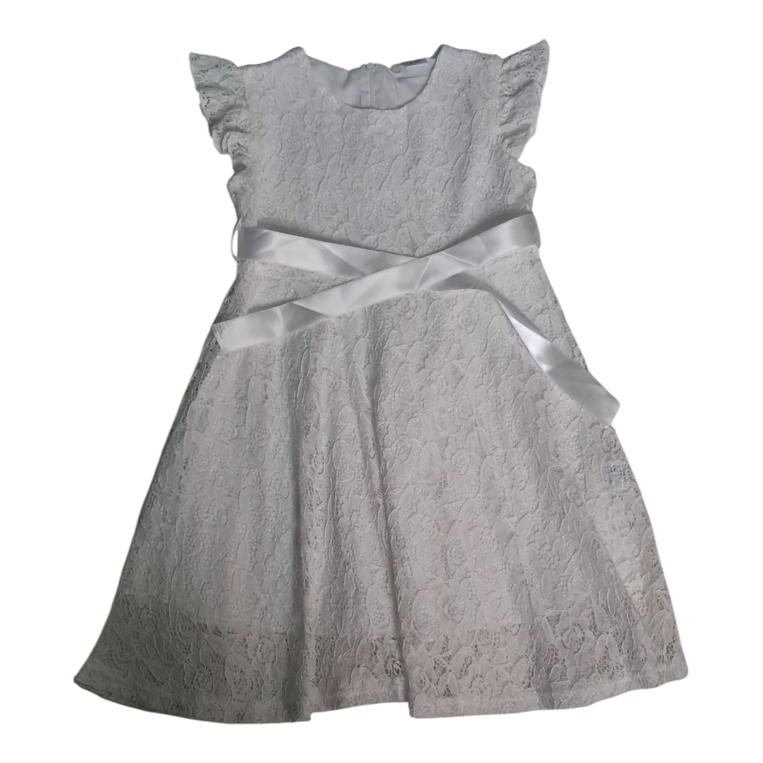 Vestido de Encaje para niña 5 años Blanco con lazo cuello redondo Mangas cortas