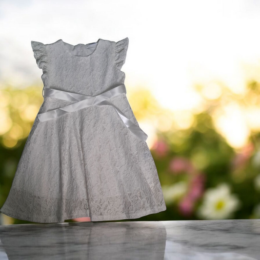 Vestido de Encaje para niña 5 años Blanco con lazo cuello redondo Mangas cortas