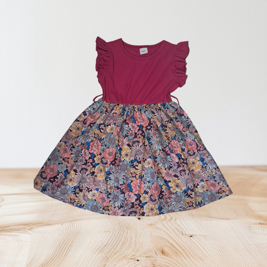 Vestido Floral para ñinas con lazo de cinta Mangas con Volantes Rosa 1 a 3 años