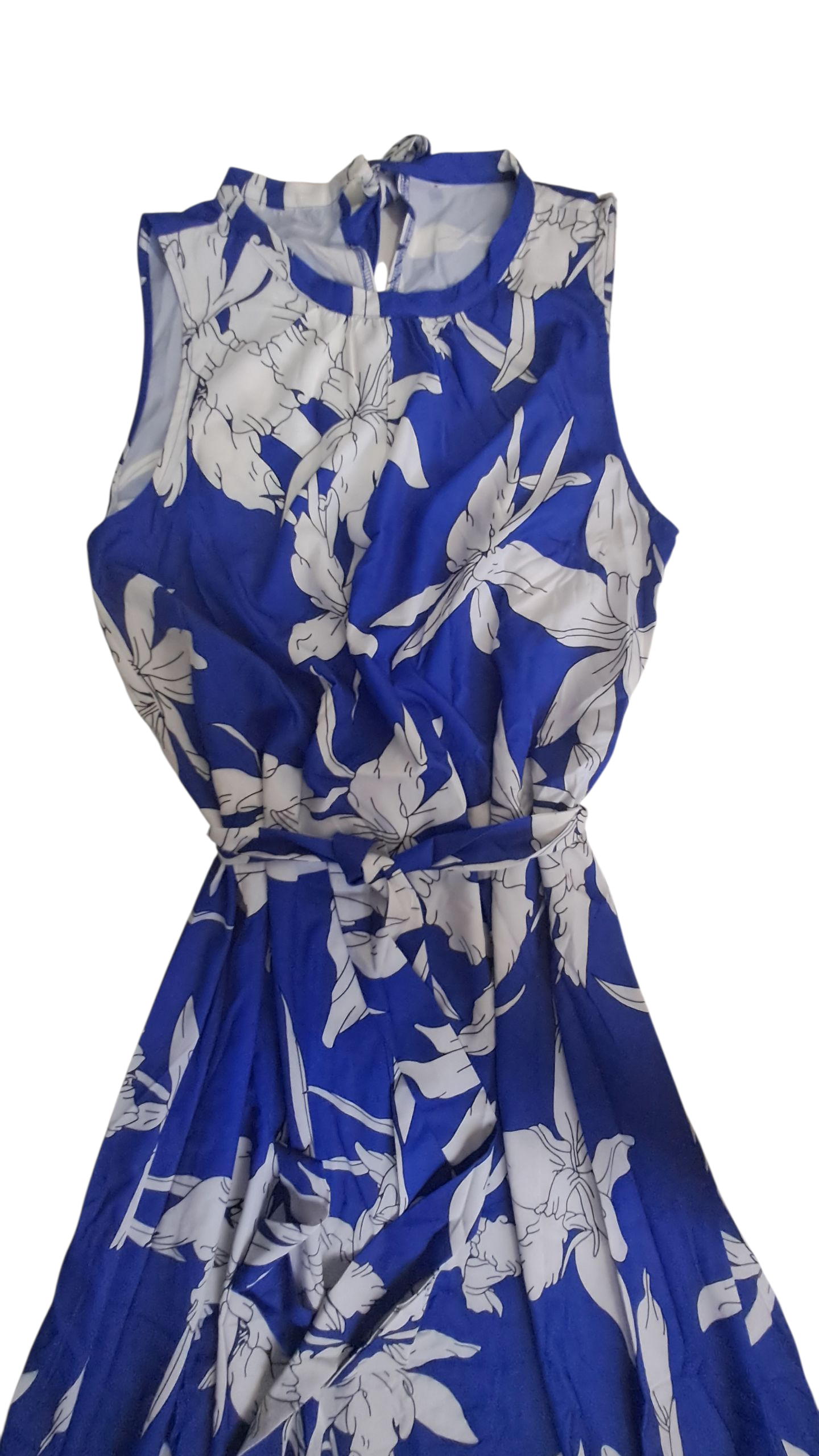 Vestido Maxi sin Mangas Estampado azul XL Talla grande Corte A cuello redondo cinturón