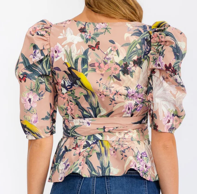 Blusa Estampada con Mangas Abullonadas