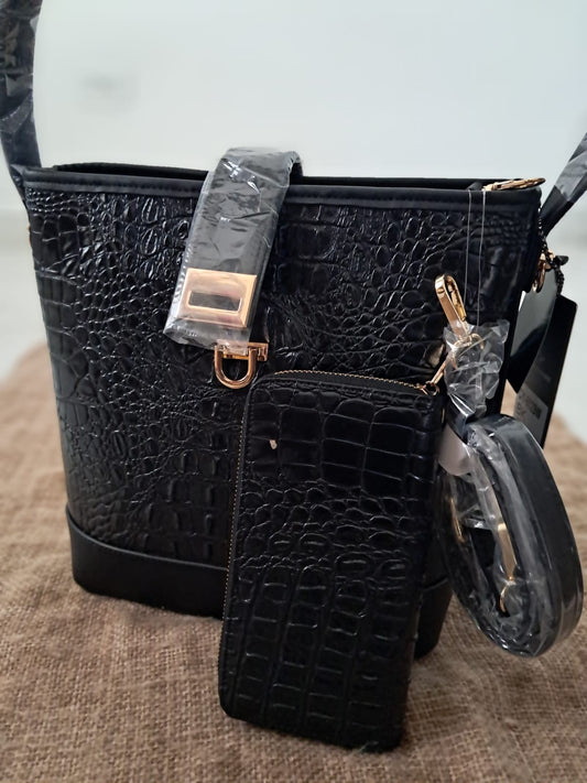 2 en 1 Cartera Negra croc skin Satchel Bag más Billetera