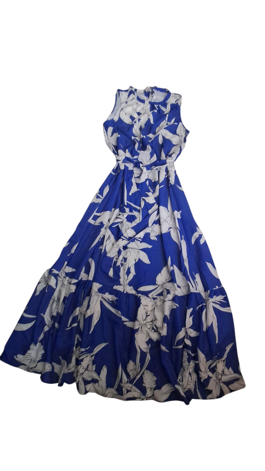 Vestido Maxi sin Mangas Estampado azul XL Talla grande Corte A cuello redondo cinturón
