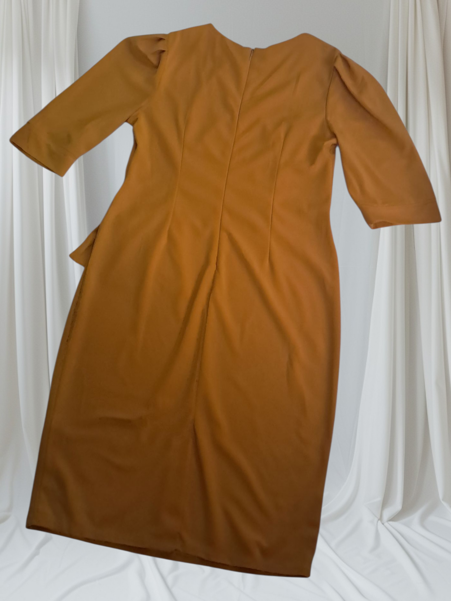 Vestido elegante para mujer Cuello redondo Mangas largas con detalles en la cintura XL Jenjibre Mostaza