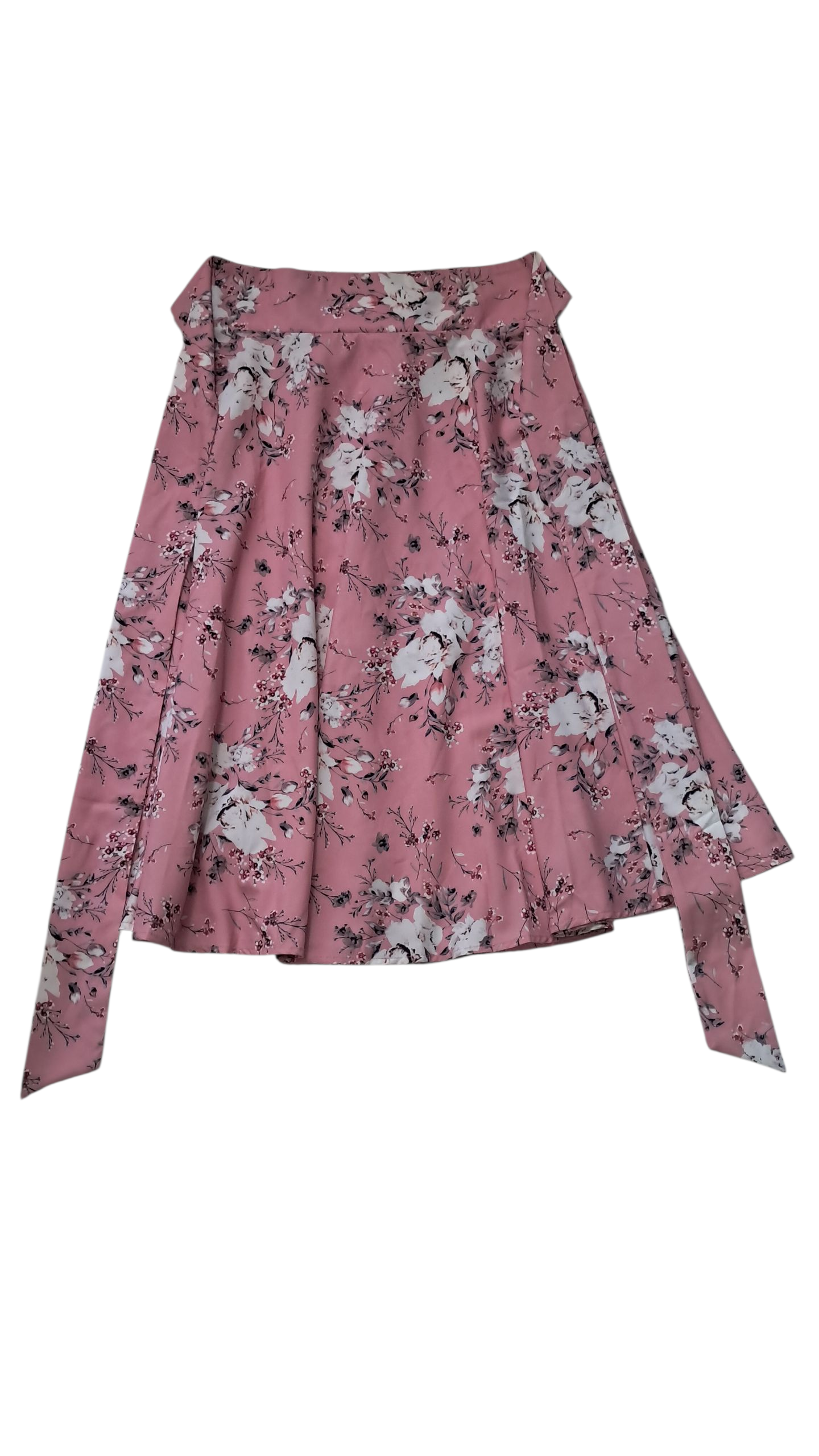 Falda midi elegante. Corte A, talla S cintura con lazo estampado rosa