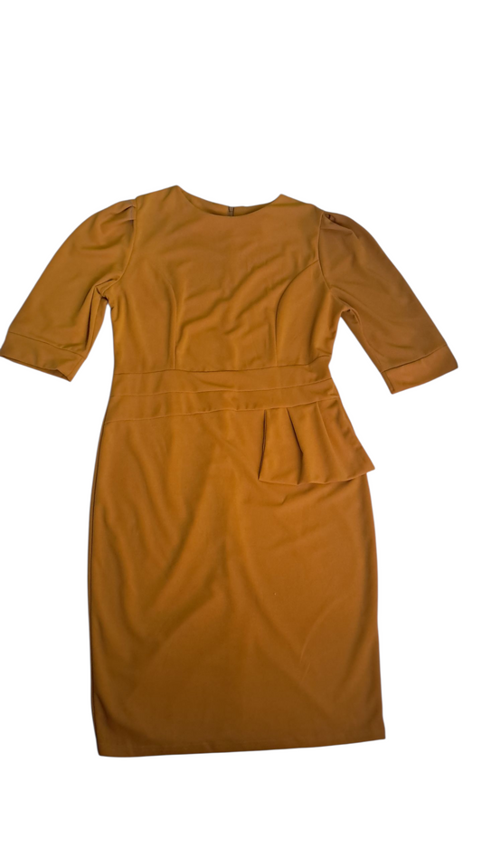 Vestido elegante para mujer Cuello redondo Mangas largas con detalles en la cintura XL Jenjibre Mostaza