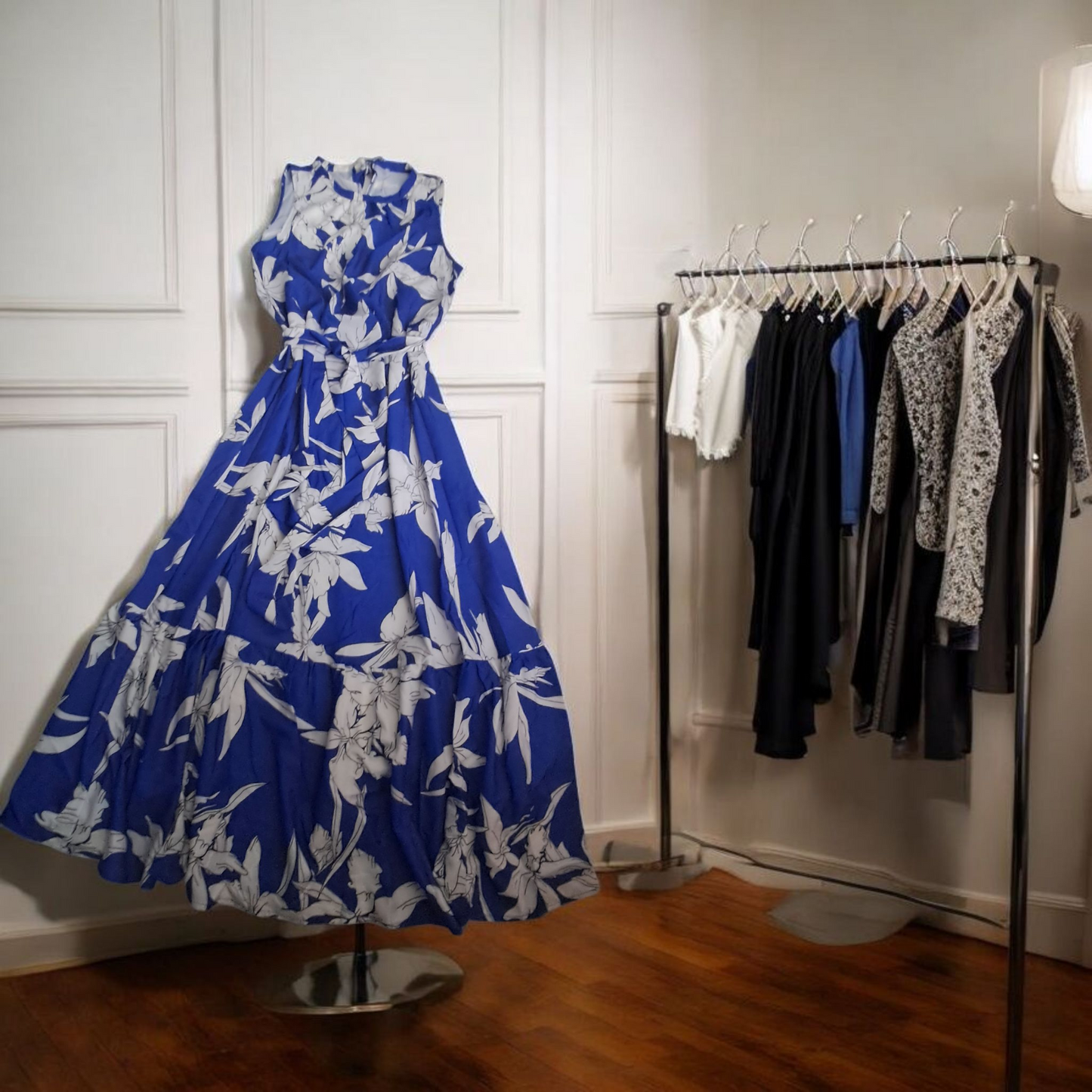 Vestido Maxi sin Mangas Estampado azul XL Talla grande Corte A cuello redondo cinturón