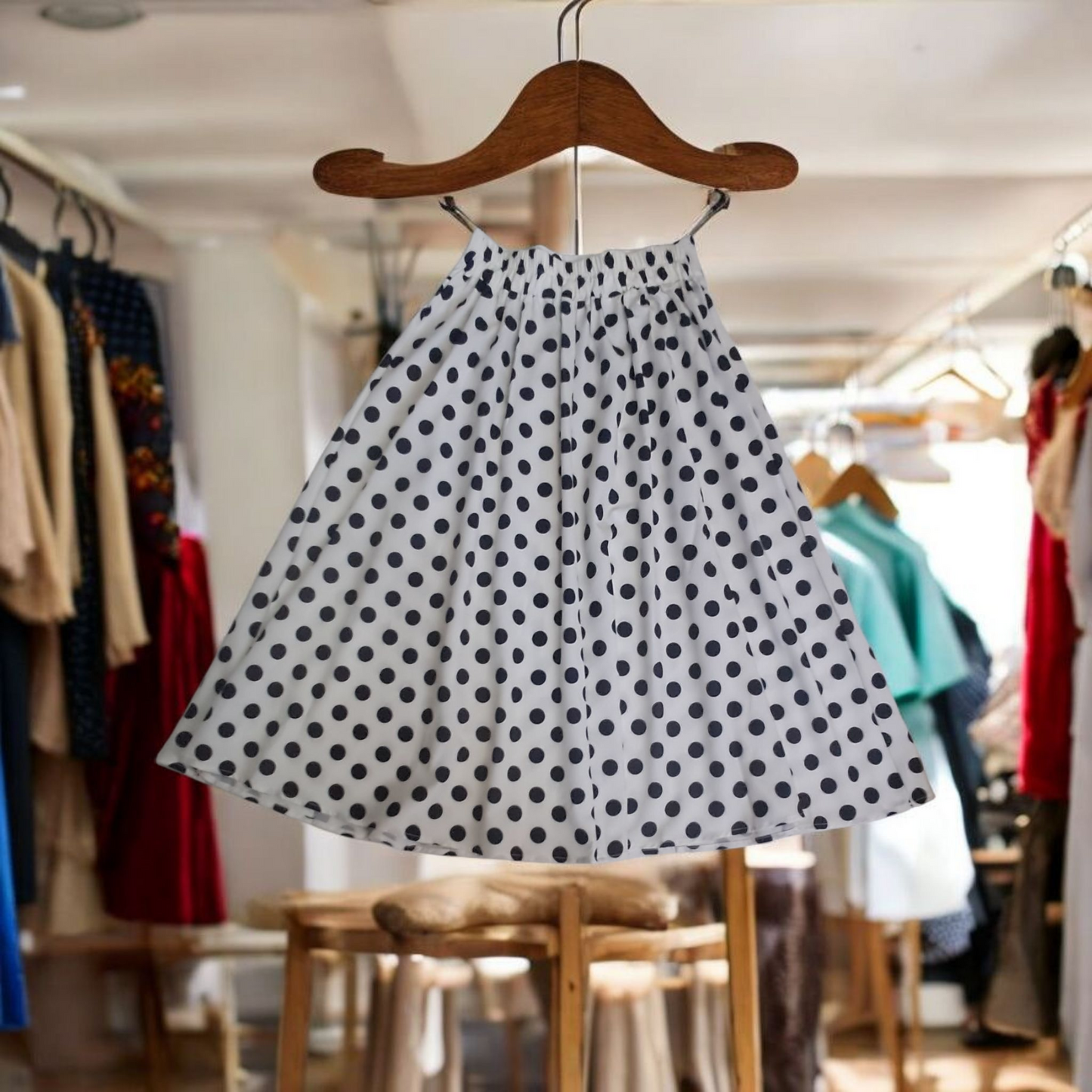 Falda corte A acampanada. Talle alto con botones y lunares. Talla S