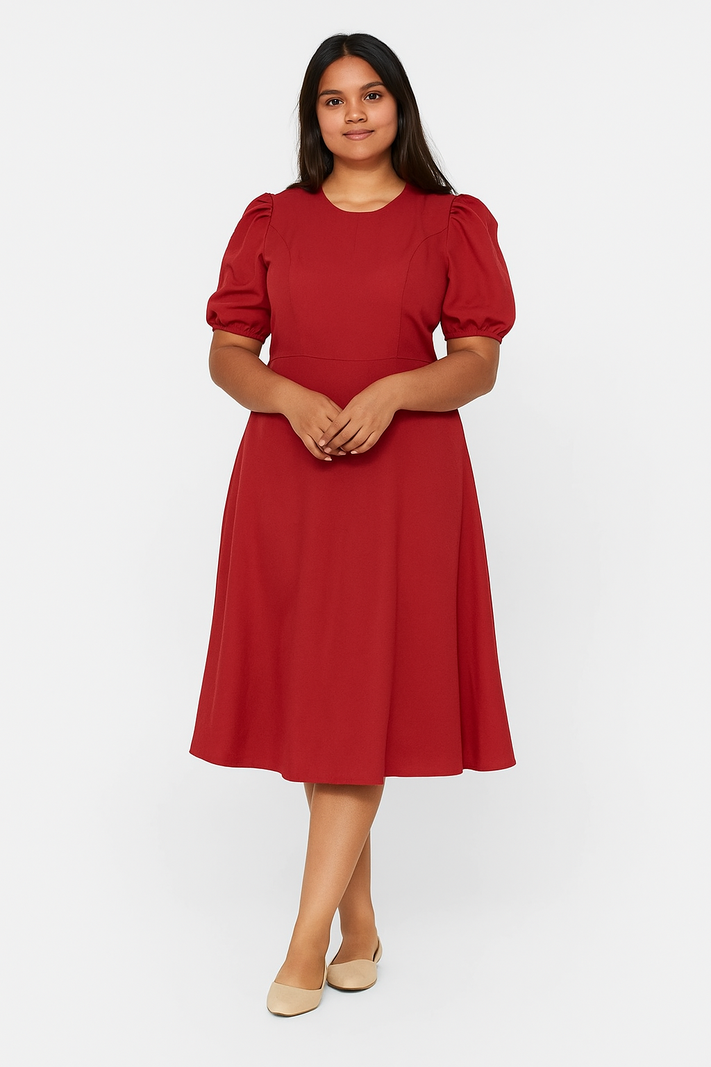 Vestido Midi Mangas abullonadas  Talla L Rojo