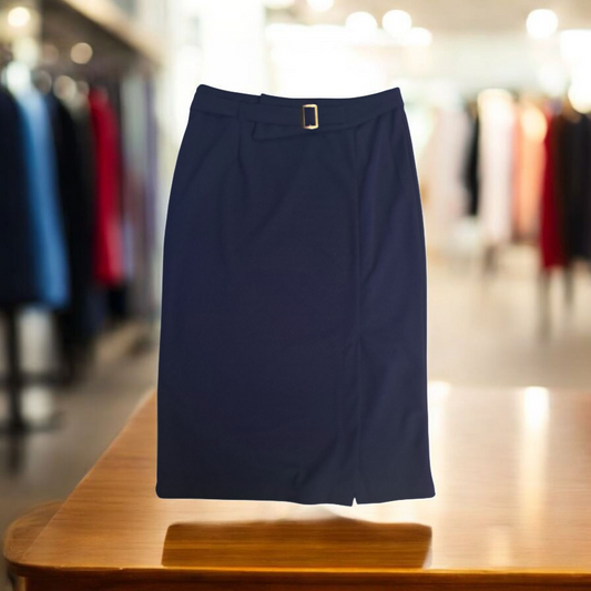 Falda Midi cintura alta, para ocasiones casuales y formales. Cinturón, Azul marino Talla L