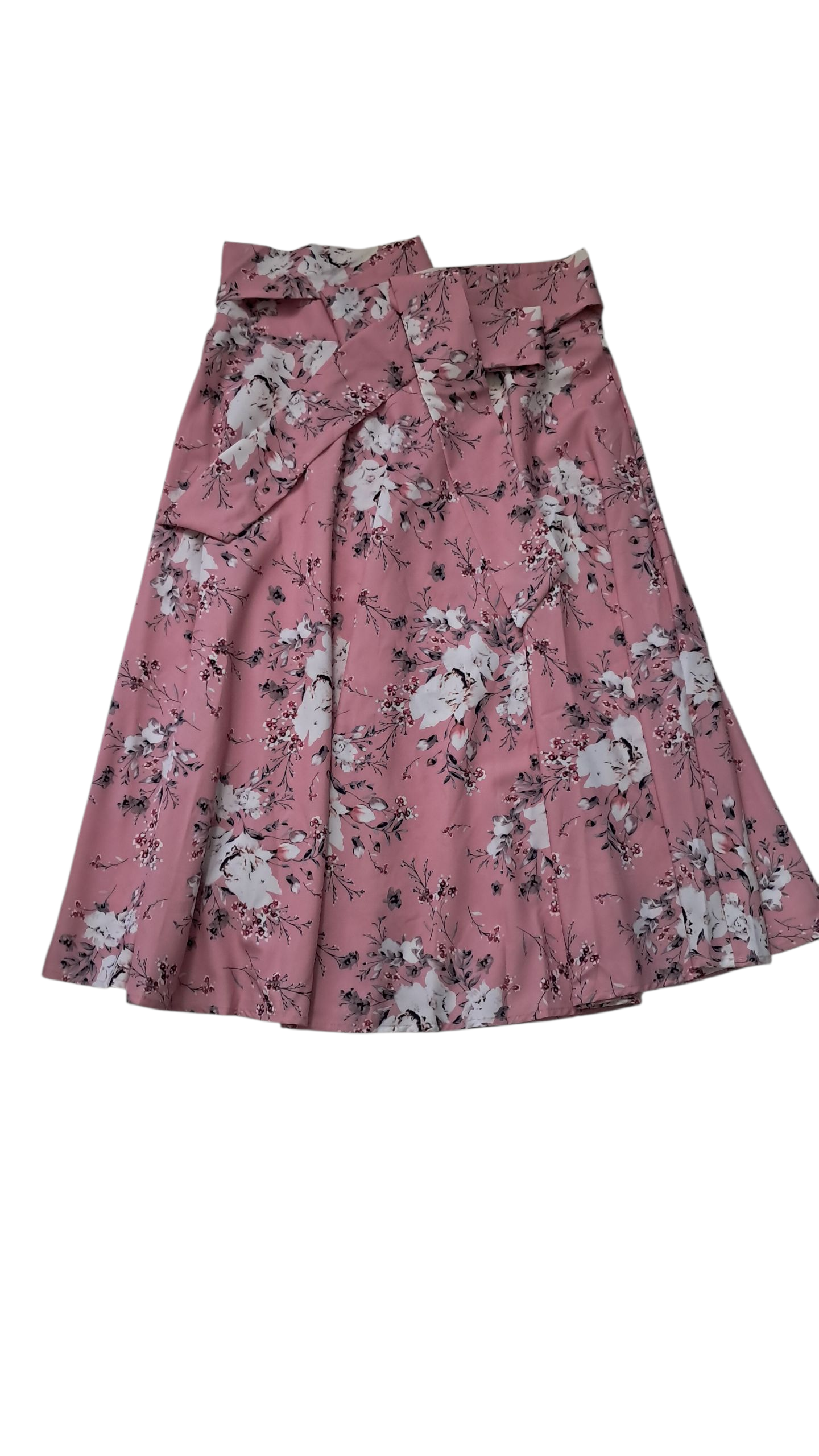 Falda midi elegante. Corte A, talla S cintura con lazo estampado rosa